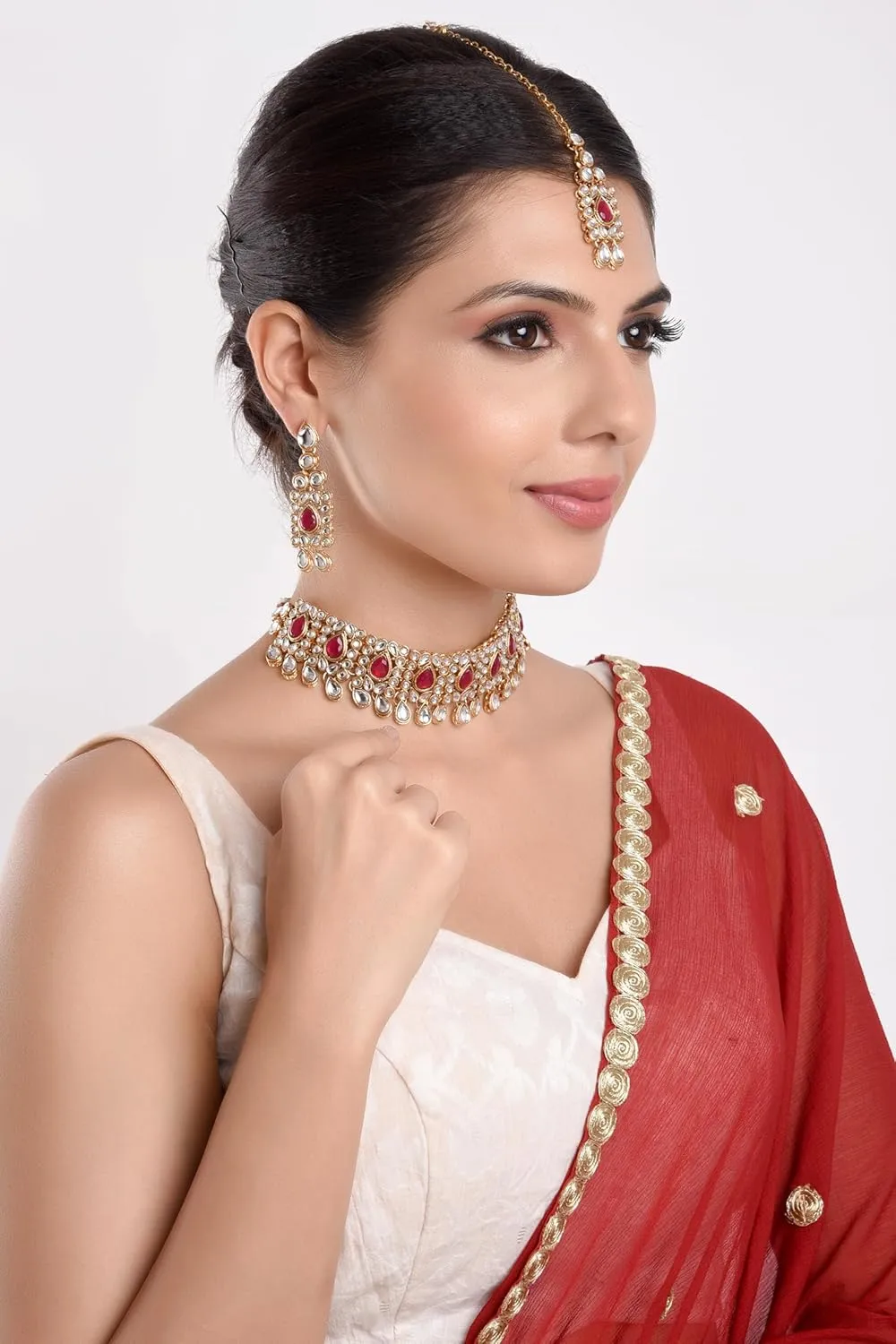 Efulgenz Kundan Set Indian Jewelry Sets for Women Bollywood Jewelry Kundan Crystal Choker Necklace Dangle Earrings Maang Tikka Head Chain Wedding Bridal Jewelry for Women
