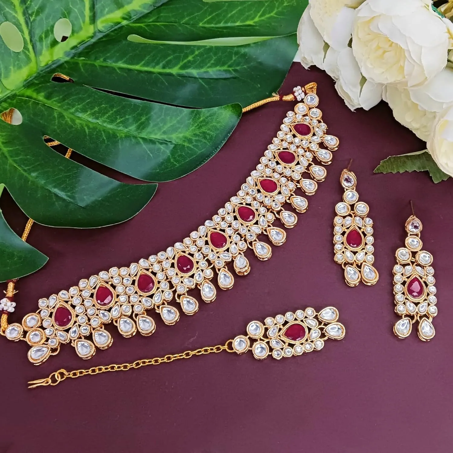 Efulgenz Kundan Set Indian Jewelry Sets for Women Bollywood Jewelry Kundan Crystal Choker Necklace Dangle Earrings Maang Tikka Head Chain Wedding Bridal Jewelry for Women