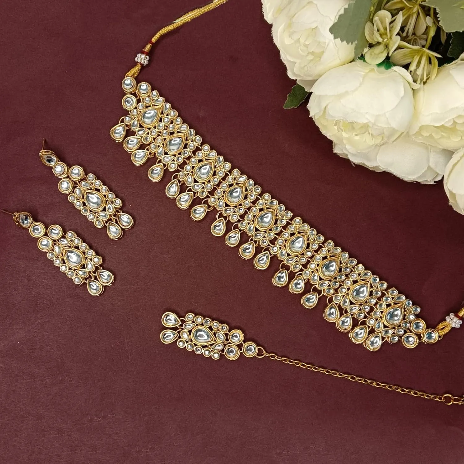 Efulgenz Kundan Set Indian Jewelry Sets for Women Bollywood Jewelry Kundan Crystal Choker Necklace Dangle Earrings Maang Tikka Head Chain Wedding Bridal Jewelry for Women
