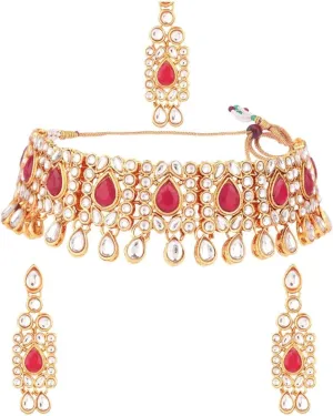 Efulgenz Kundan Set Indian Jewelry Sets for Women Bollywood Jewelry Kundan Crystal Choker Necklace Dangle Earrings Maang Tikka Head Chain Wedding Bridal Jewelry for Women