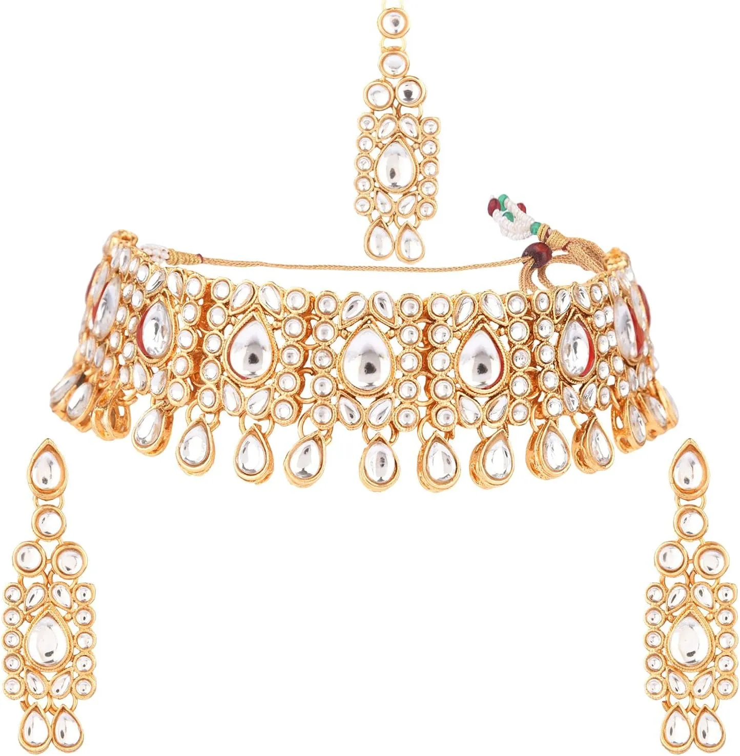 Efulgenz Kundan Set Indian Jewelry Sets for Women Bollywood Jewelry Kundan Crystal Choker Necklace Dangle Earrings Maang Tikka Head Chain Wedding Bridal Jewelry for Women