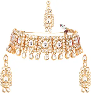 Efulgenz Kundan Set Indian Jewelry Sets for Women Bollywood Jewelry Kundan Crystal Choker Necklace Dangle Earrings Maang Tikka Head Chain Wedding Bridal Jewelry for Women