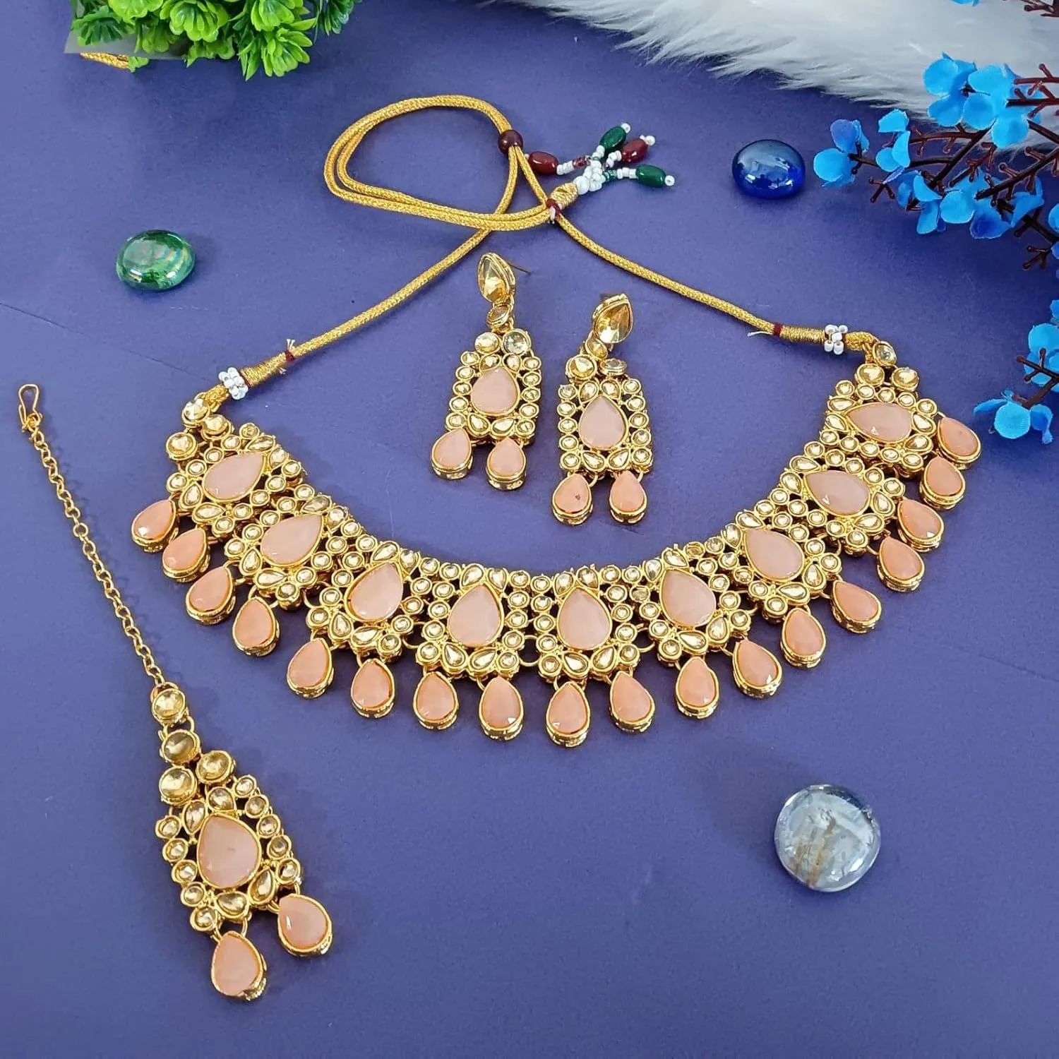 Efulgenz Mothers Day Indian Jewelry Sets for Women Bollywood Jewelry Indian Jewelry Choker Kundan Crystal Necklace Earrings Maang Tikka Head Chain Bollywood Wedding Bridal Set