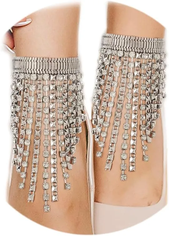 ELABEST Rhinestone Ankle Bracelets 2pcs Tassel Foot Chains Diamond Anklets for women