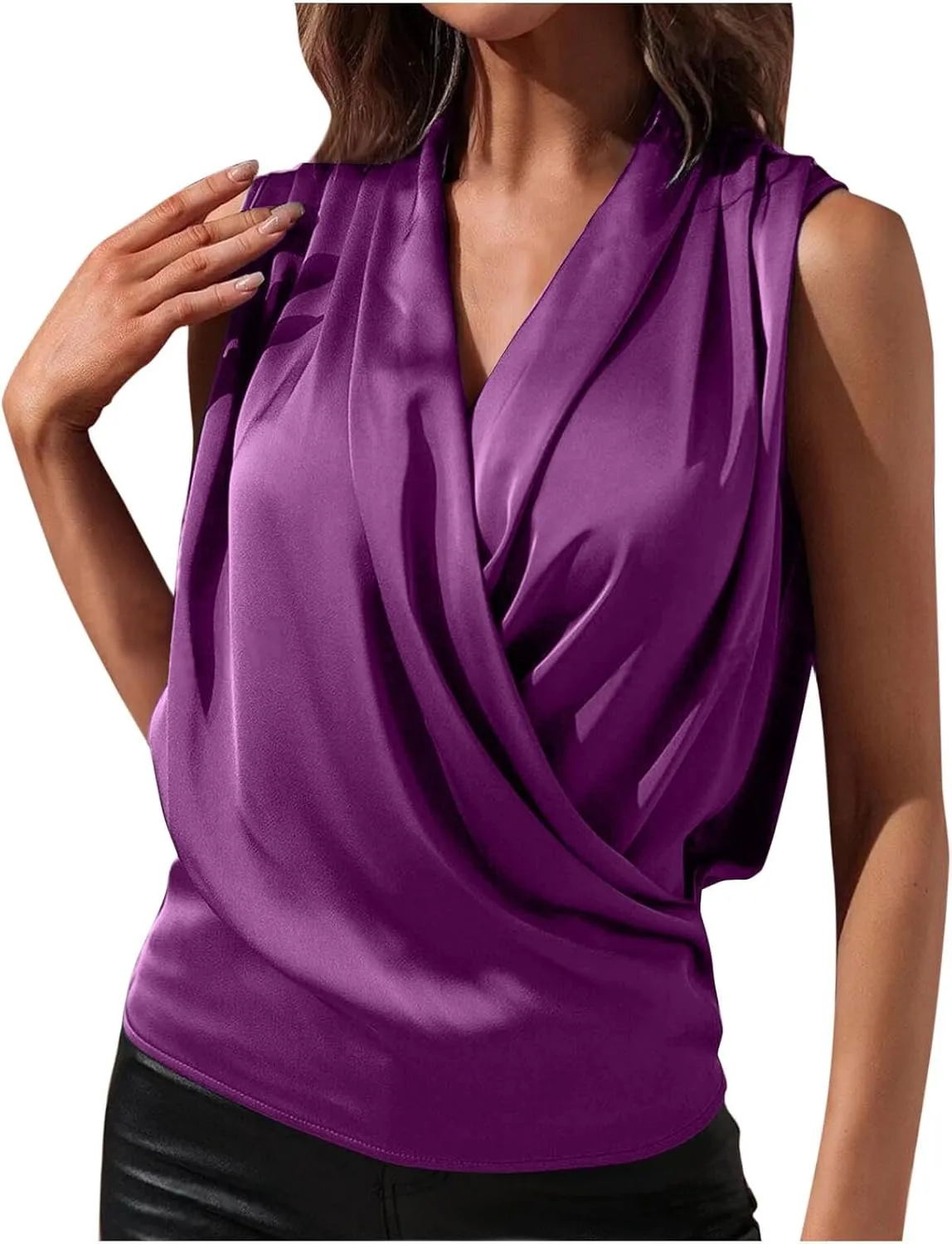 Elegant Satin Wrap Tank Tops for Women Silky Draped Ruched Front Sleeveless Blouse V Neck Pleated Shirts