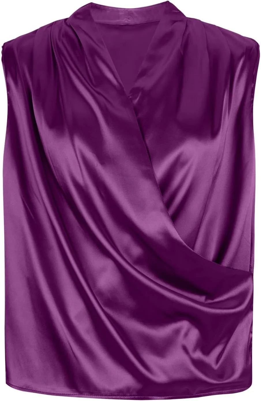Elegant Satin Wrap Tank Tops for Women Silky Draped Ruched Front Sleeveless Blouse V Neck Pleated Shirts