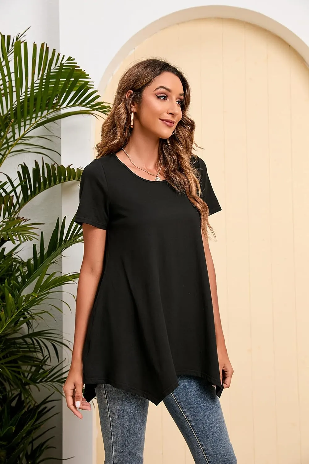 ENMAIN Tunic Tops for Women Plus Size Short Sleeve Top Loose Fit Dressy Casual Swing Summer Tunics Tops to Wear with Leggings