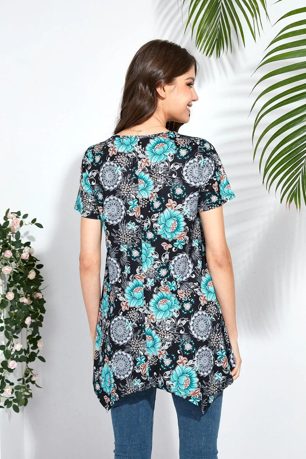 ENMAIN Tunic Tops for Women Plus Size Short Sleeve Top Loose Fit Dressy Casual Swing Summer Tunics Tops to Wear with Leggings