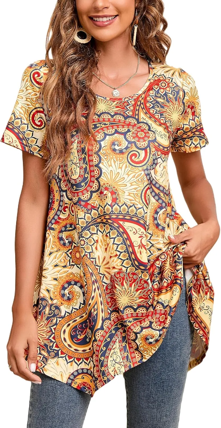 ENMAIN Tunic Tops for Women Plus Size Short Sleeve Top Loose Fit Dressy Casual Swing Summer Tunics Tops to Wear with Leggings