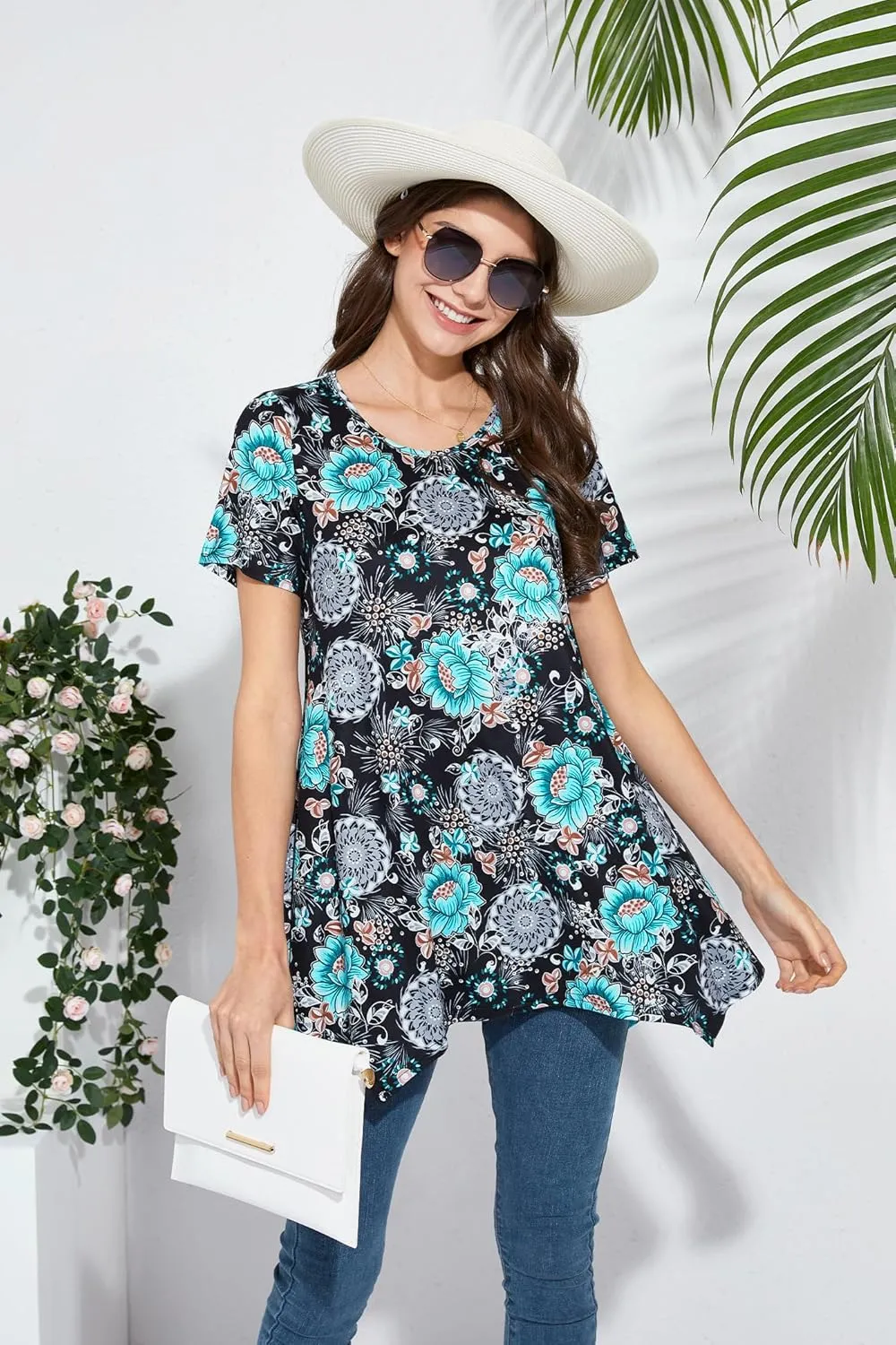 ENMAIN Tunic Tops for Women Plus Size Short Sleeve Top Loose Fit Dressy Casual Swing Summer Tunics Tops to Wear with Leggings