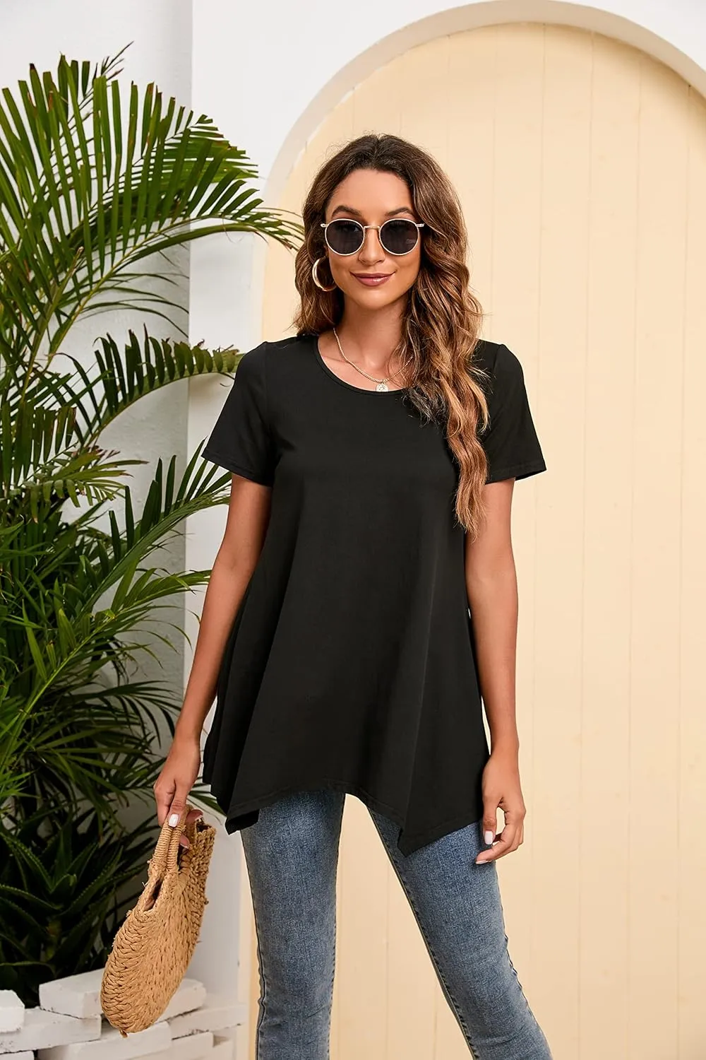 ENMAIN Tunic Tops for Women Plus Size Short Sleeve Top Loose Fit Dressy Casual Swing Summer Tunics Tops to Wear with Leggings