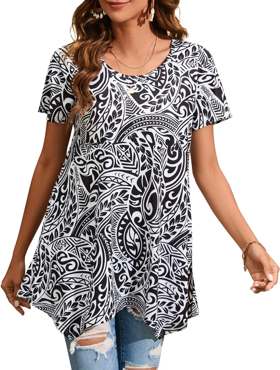 ENMAIN Tunic Tops for Women Plus Size Short Sleeve Top Loose Fit Dressy Casual Swing Summer Tunics Tops to Wear with Leggings