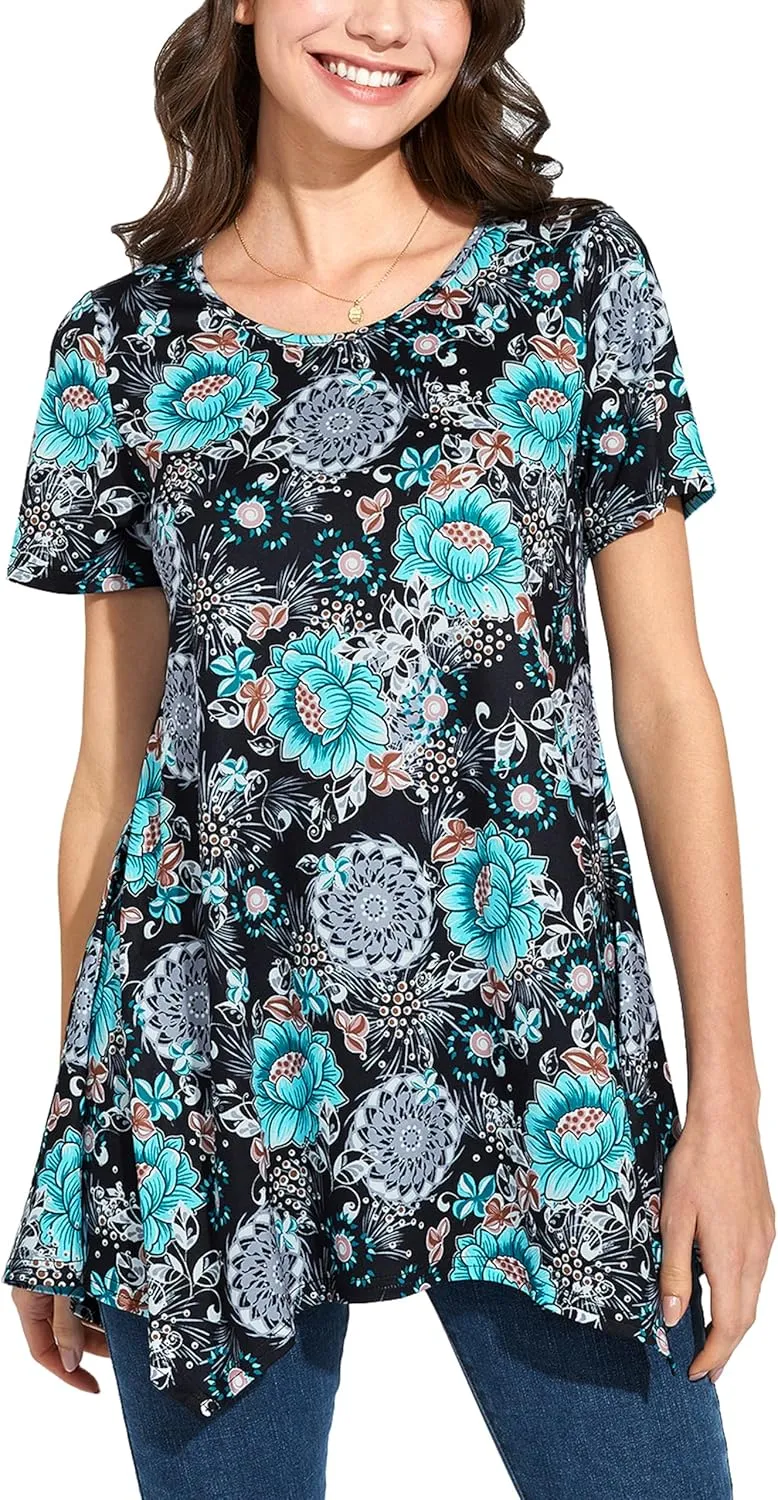 ENMAIN Tunic Tops for Women Plus Size Short Sleeve Top Loose Fit Dressy Casual Swing Summer Tunics Tops to Wear with Leggings