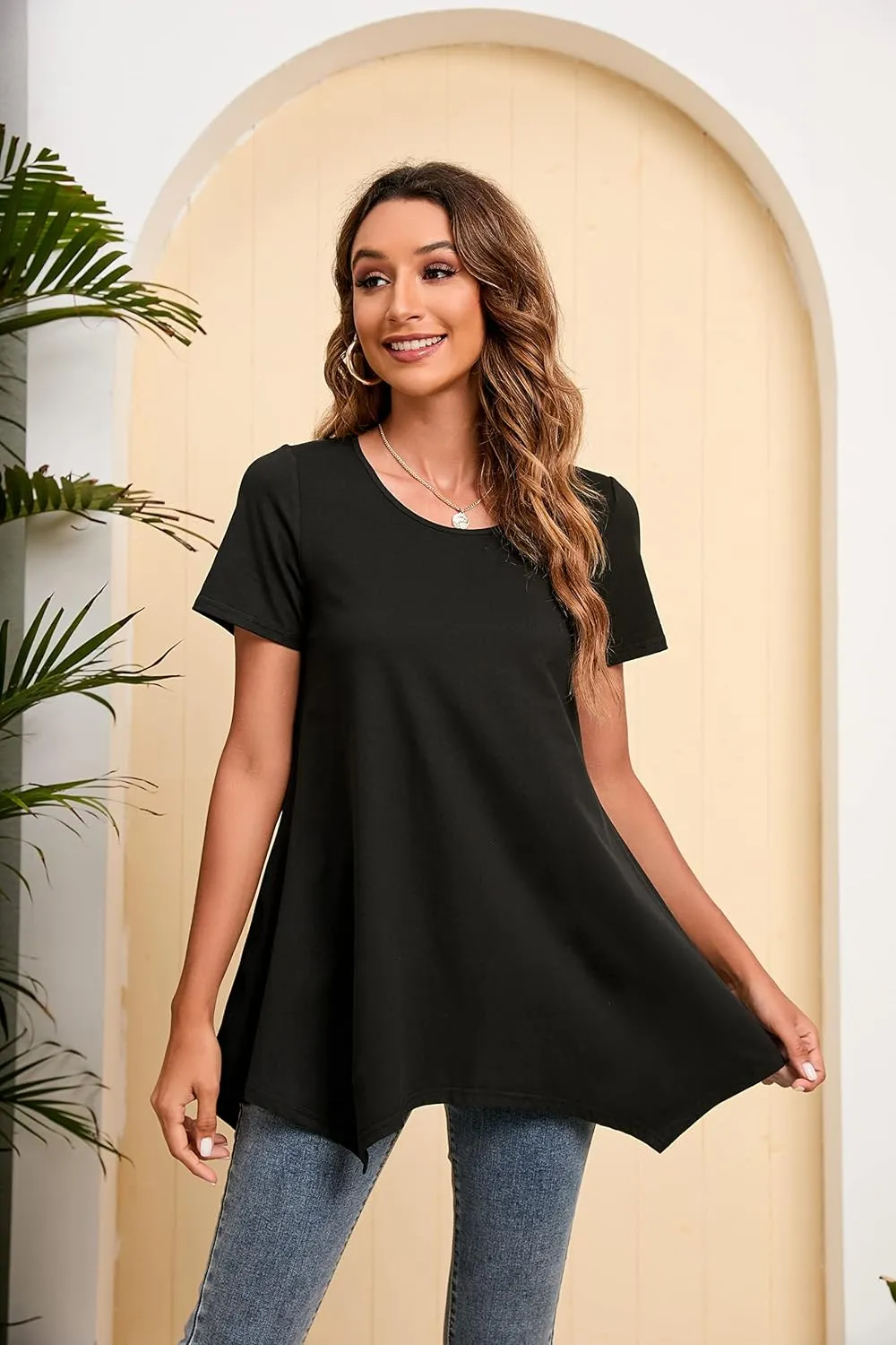 ENMAIN Tunic Tops for Women Plus Size Short Sleeve Top Loose Fit Dressy Casual Swing Summer Tunics Tops to Wear with Leggings