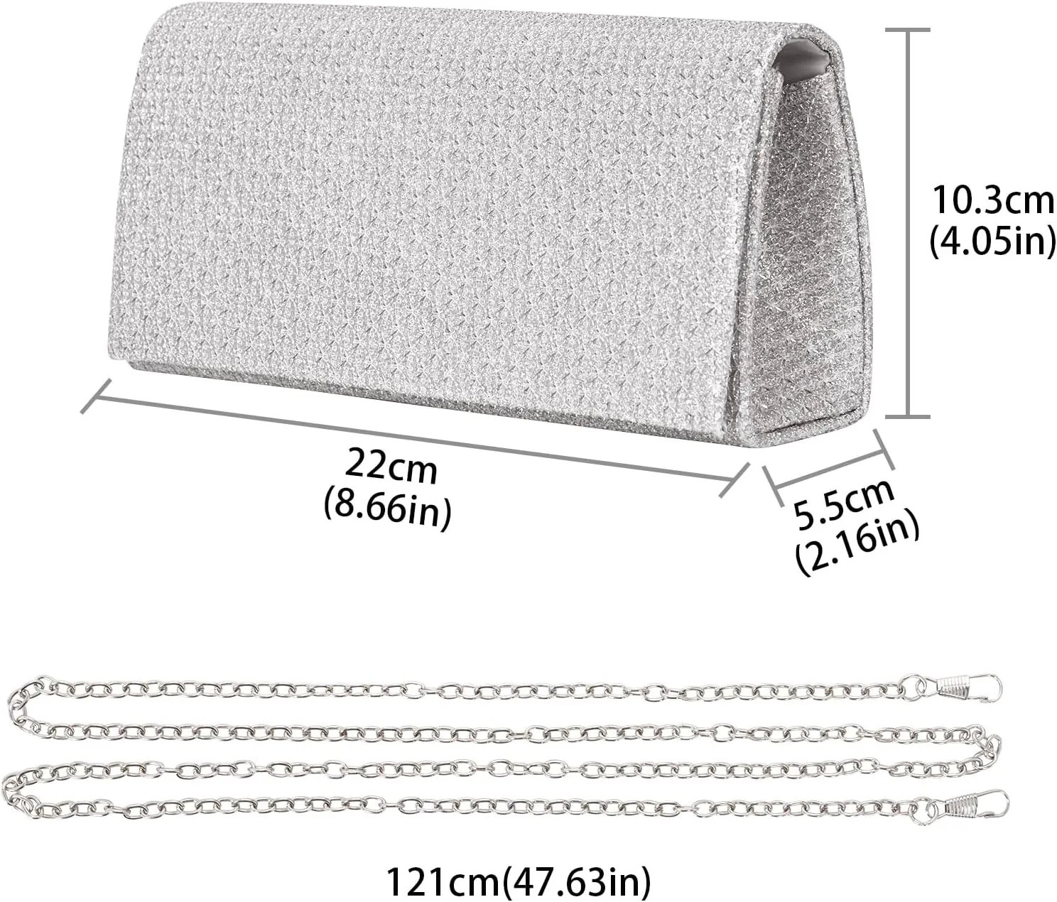 Evening Bag Clutch Purse for Women, Silver Formal Handbag with Crossbody Chain, Glittery Purse for Wedding Porm