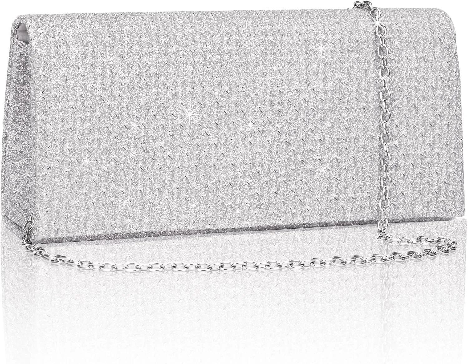 Evening Bag Clutch Purse for Women, Silver Formal Handbag with Crossbody Chain, Glittery Purse for Wedding Porm