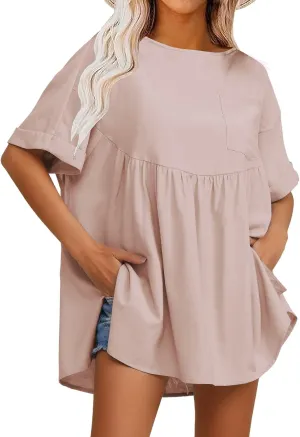 EXLURA Womens Short Sleeve Summer Tops Casual Loose Maternity Babydoll Peplum Tops Oversized Shirts Tunic 2025