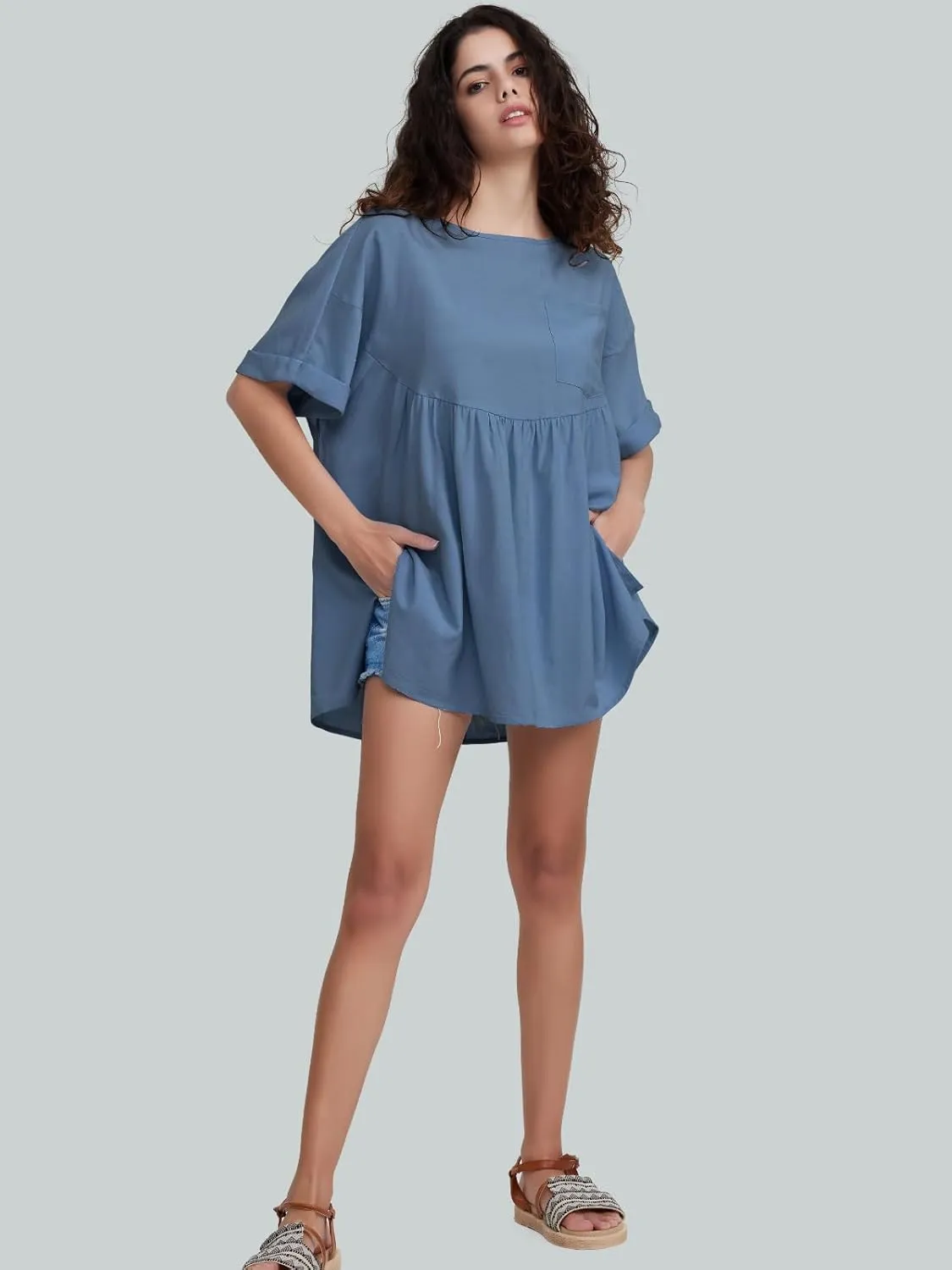 EXLURA Womens Short Sleeve Summer Tops Casual Loose Maternity Babydoll Peplum Tops Oversized Shirts Tunic 2025
