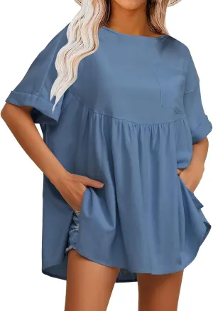 EXLURA Womens Short Sleeve Summer Tops Casual Loose Maternity Babydoll Peplum Tops Oversized Shirts Tunic 2025