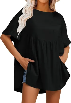 EXLURA Womens Short Sleeve Summer Tops Casual Loose Maternity Babydoll Peplum Tops Oversized Shirts Tunic 2025