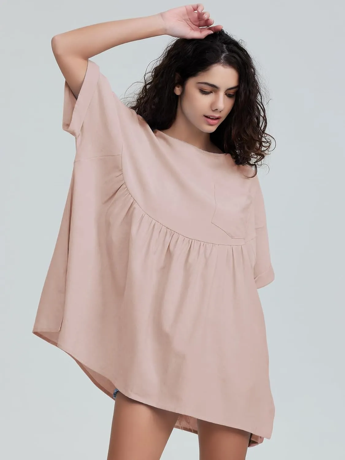 EXLURA Womens Short Sleeve Summer Tops Casual Loose Maternity Babydoll Peplum Tops Oversized Shirts Tunic 2025