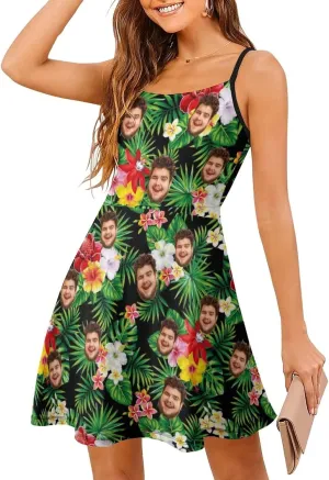Face Photo Custom Women's Summer Floral Spaghetti Strap Dresses Personalized Gift Sleeveless Sling Sundress Beach