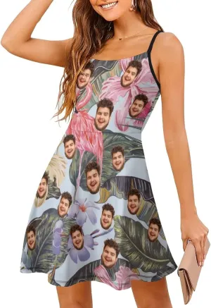 Face Photo Custom Women's Summer Floral Spaghetti Strap Dresses Personalized Gift Sleeveless Sling Sundress Beach