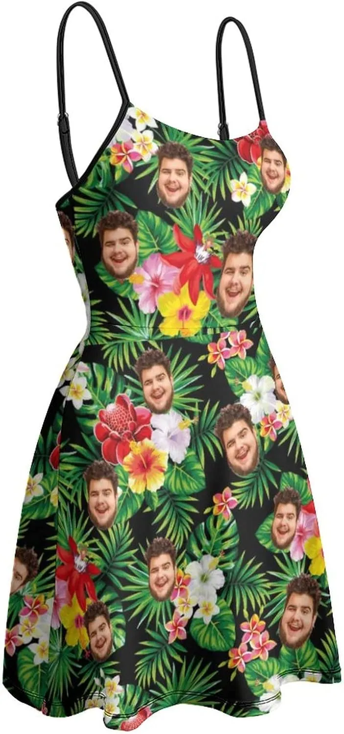 Face Photo Custom Women's Summer Floral Spaghetti Strap Dresses Personalized Gift Sleeveless Sling Sundress Beach