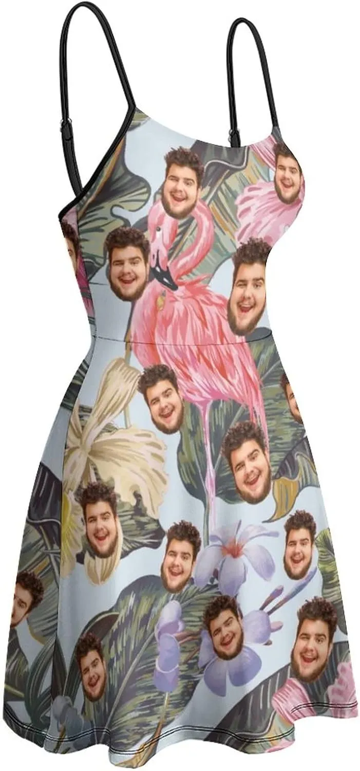 Face Photo Custom Women's Summer Floral Spaghetti Strap Dresses Personalized Gift Sleeveless Sling Sundress Beach