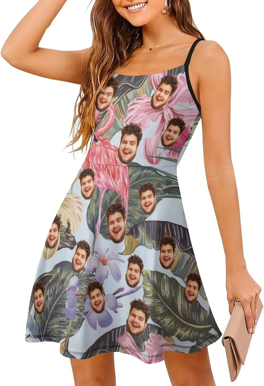Face Photo Custom Women's Summer Floral Spaghetti Strap Dresses Personalized Gift Sleeveless Sling Sundress Beach