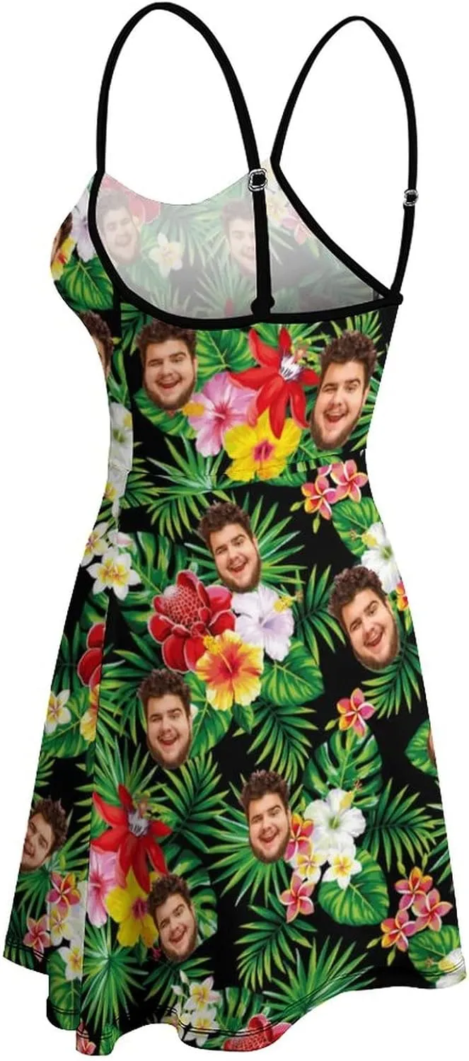 Face Photo Custom Women's Summer Floral Spaghetti Strap Dresses Personalized Gift Sleeveless Sling Sundress Beach