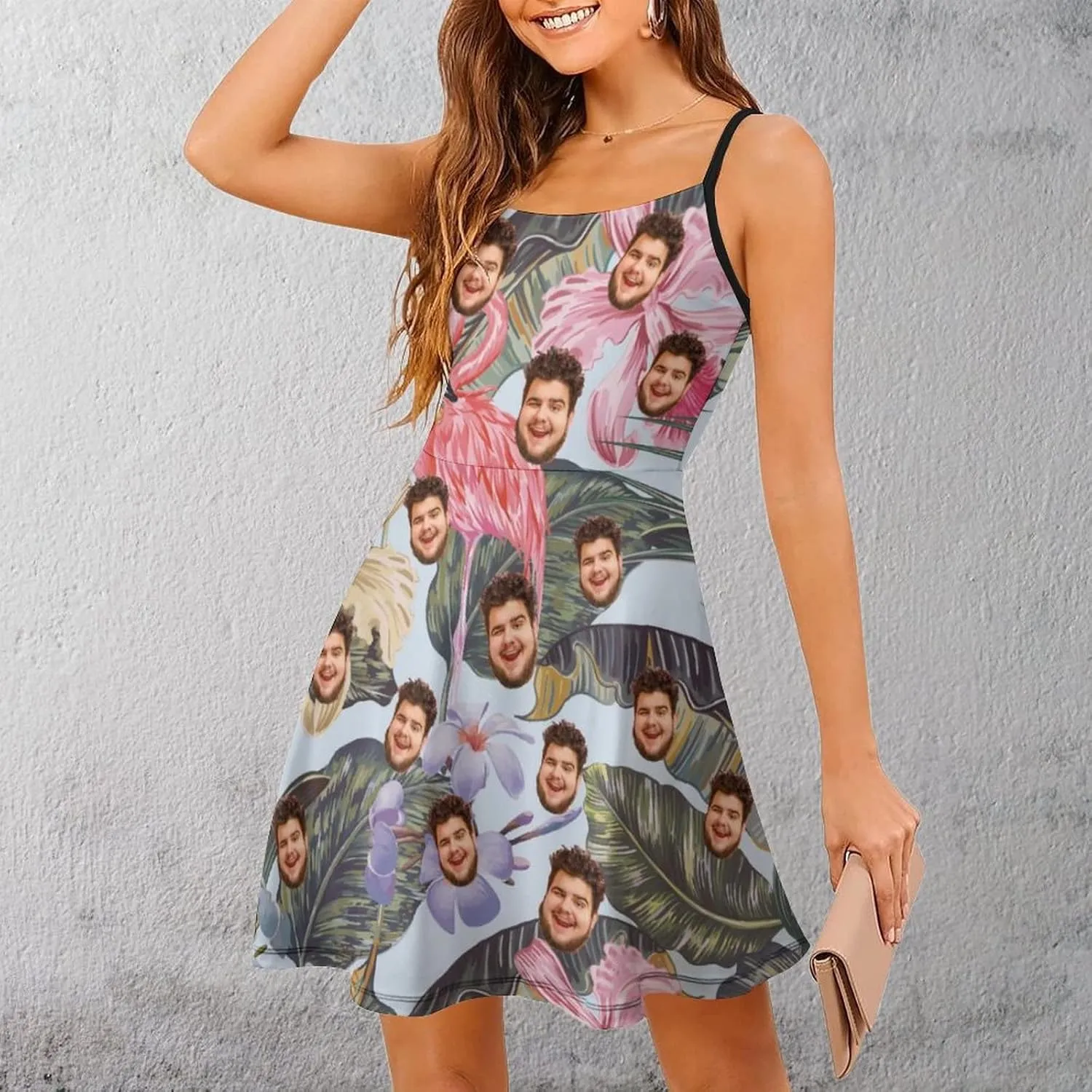 Face Photo Custom Women's Summer Floral Spaghetti Strap Dresses Personalized Gift Sleeveless Sling Sundress Beach