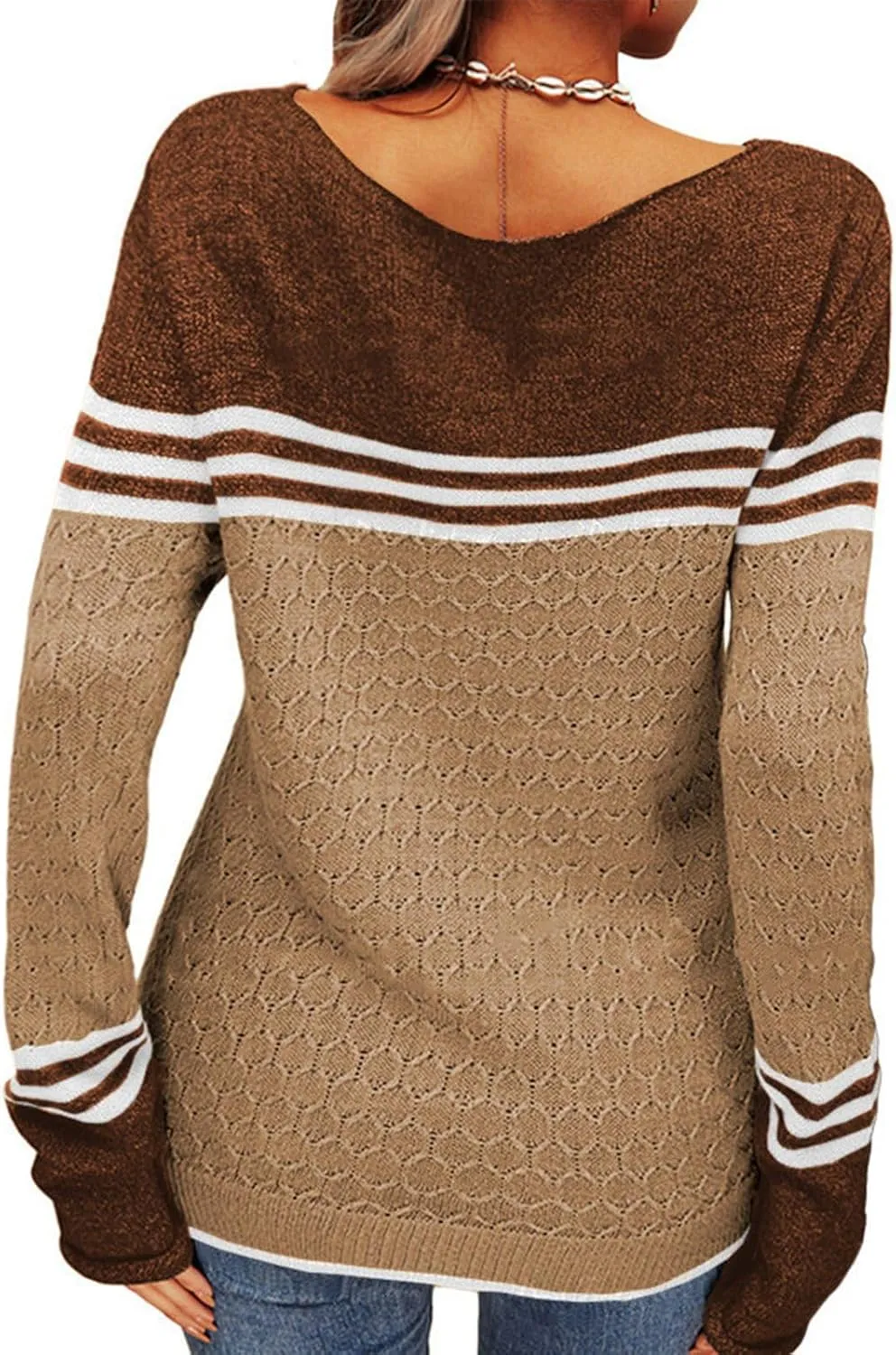 Fall Sweaters for Women Trendy Casual Long Sleeve Color Block Round Neck Striped Slim Fit Pullover Jumper Tops