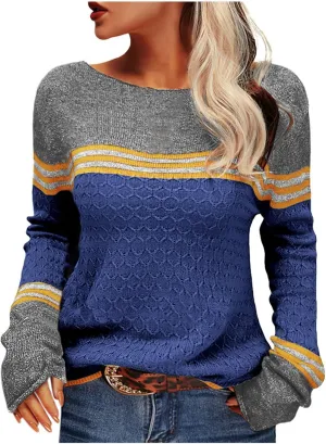 Fall Sweaters for Women Trendy Casual Long Sleeve Color Block Round Neck Striped Slim Fit Pullover Jumper Tops