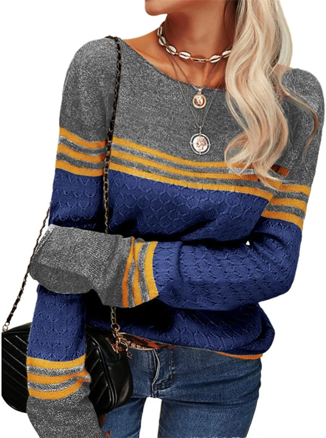 Fall Sweaters for Women Trendy Casual Long Sleeve Color Block Round Neck Striped Slim Fit Pullover Jumper Tops
