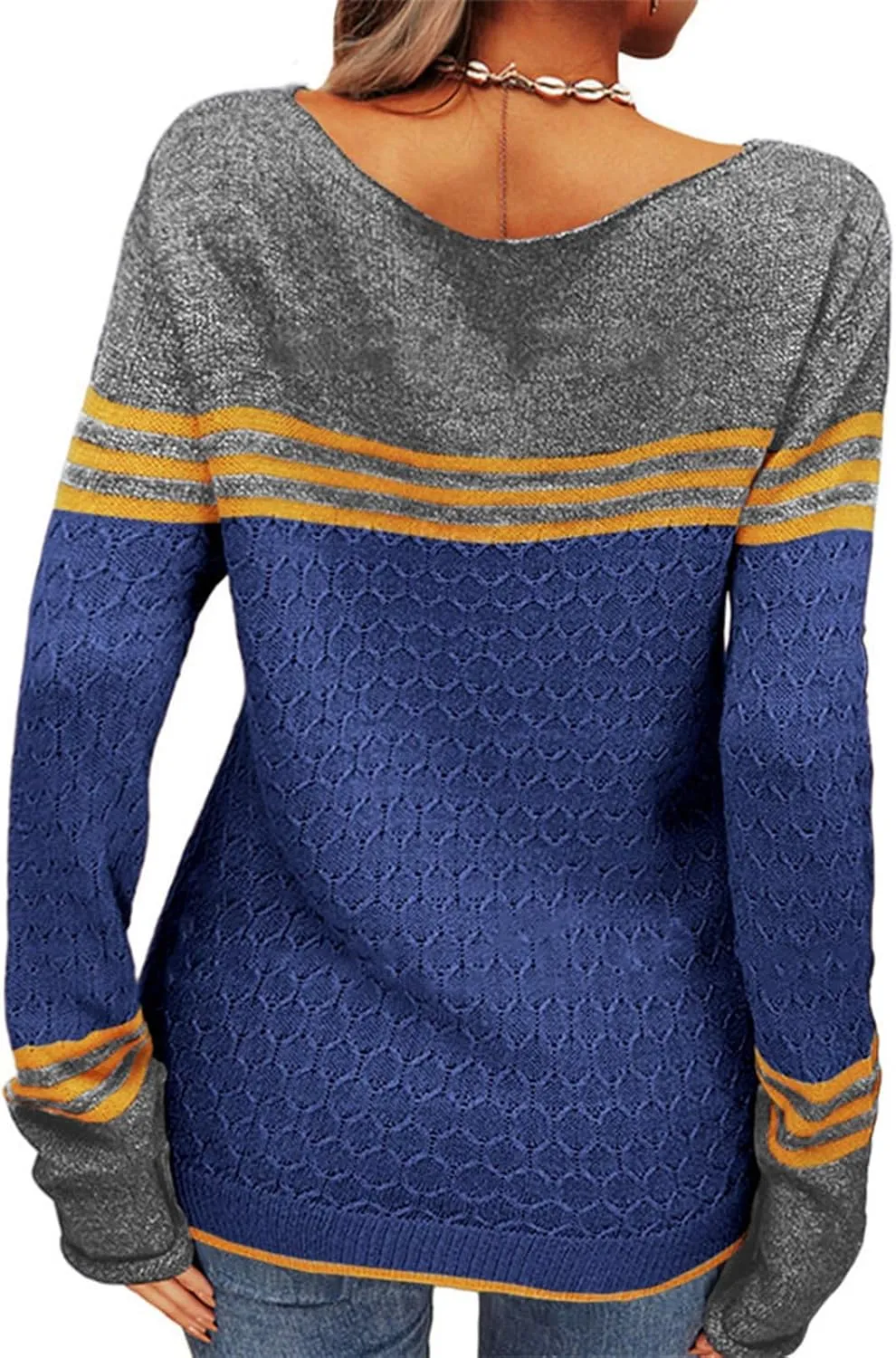Fall Sweaters for Women Trendy Casual Long Sleeve Color Block Round Neck Striped Slim Fit Pullover Jumper Tops