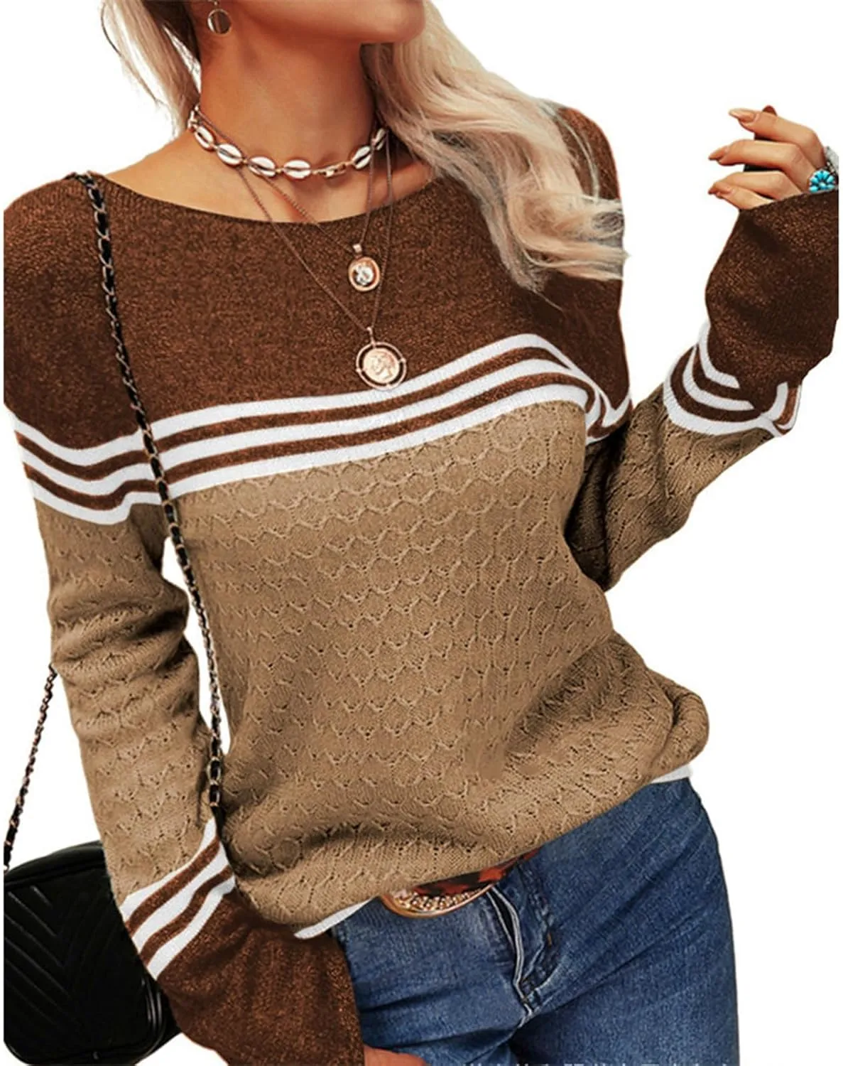 Fall Sweaters for Women Trendy Casual Long Sleeve Color Block Round Neck Striped Slim Fit Pullover Jumper Tops