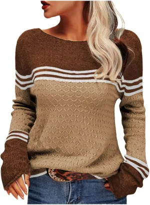 Fall Sweaters for Women Trendy Casual Long Sleeve Color Block Round Neck Striped Slim Fit Pullover Jumper Tops