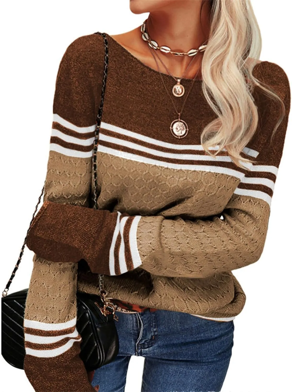 Fall Sweaters for Women Trendy Casual Long Sleeve Color Block Round Neck Striped Slim Fit Pullover Jumper Tops
