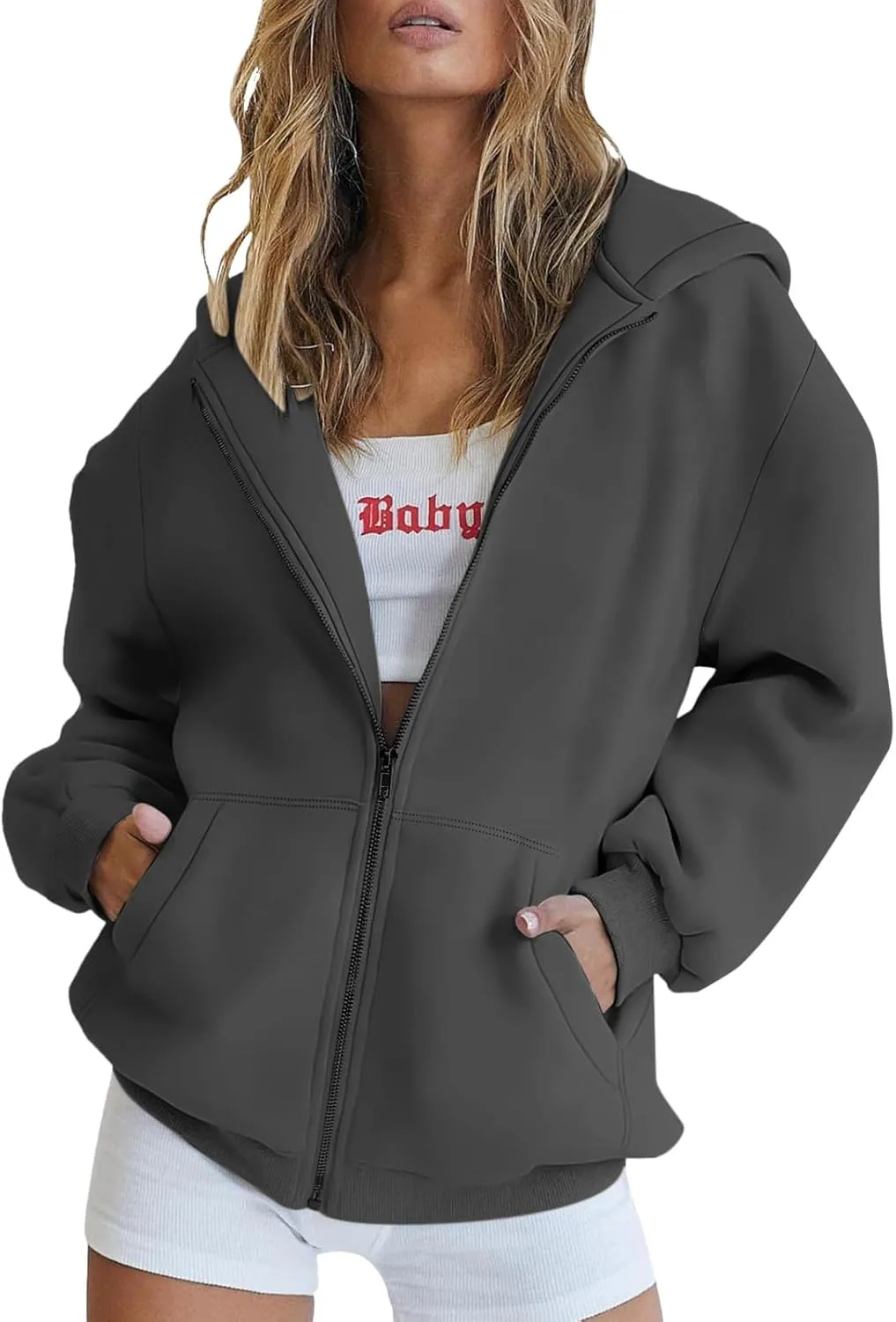 Fall Sweaters for Women Yellow, Womens Oversized Zip Up Hoodies Casual Long Sleeve Track Jackets with Pockets 04-Dark Gray,Small