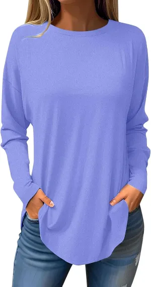 Fall Tops for Women Long Sleeve Round Neck Shirts Basic Tee Casual Top Fall Trendy Tunic Outfits Fitted T Shirts