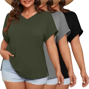 Ficerd 3 Pack Women's Plus Size T-Shirts, V Neck Short Sleeve Oversize Tunics Tops Sides Split Summer Loose Tees with Pockets