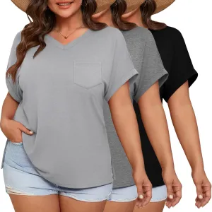 Ficerd 3 Pack Women's Plus Size T-Shirts, V Neck Short Sleeve Oversize Tunics Tops Sides Split Summer Loose Tees with Pockets