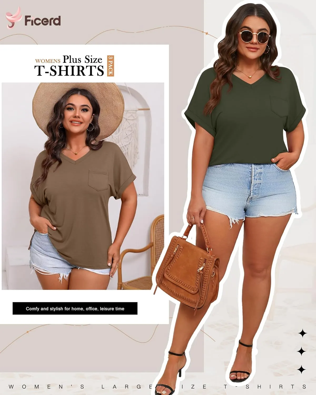 Ficerd 3 Pack Women's Plus Size T-Shirts, V Neck Short Sleeve Oversize Tunics Tops Sides Split Summer Loose Tees with Pockets