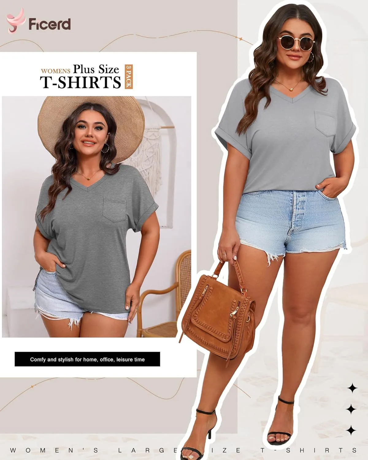 Ficerd 3 Pack Women's Plus Size T-Shirts, V Neck Short Sleeve Oversize Tunics Tops Sides Split Summer Loose Tees with Pockets