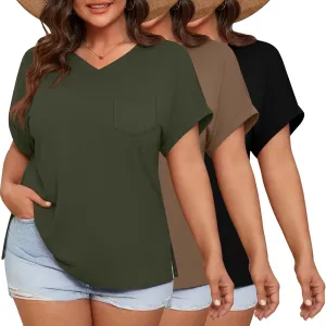 Ficerd 3 Pack Women's Plus Size T-Shirts, V Neck Short Sleeve Oversize Tunics Tops Sides Split Summer Loose Tees with Pockets