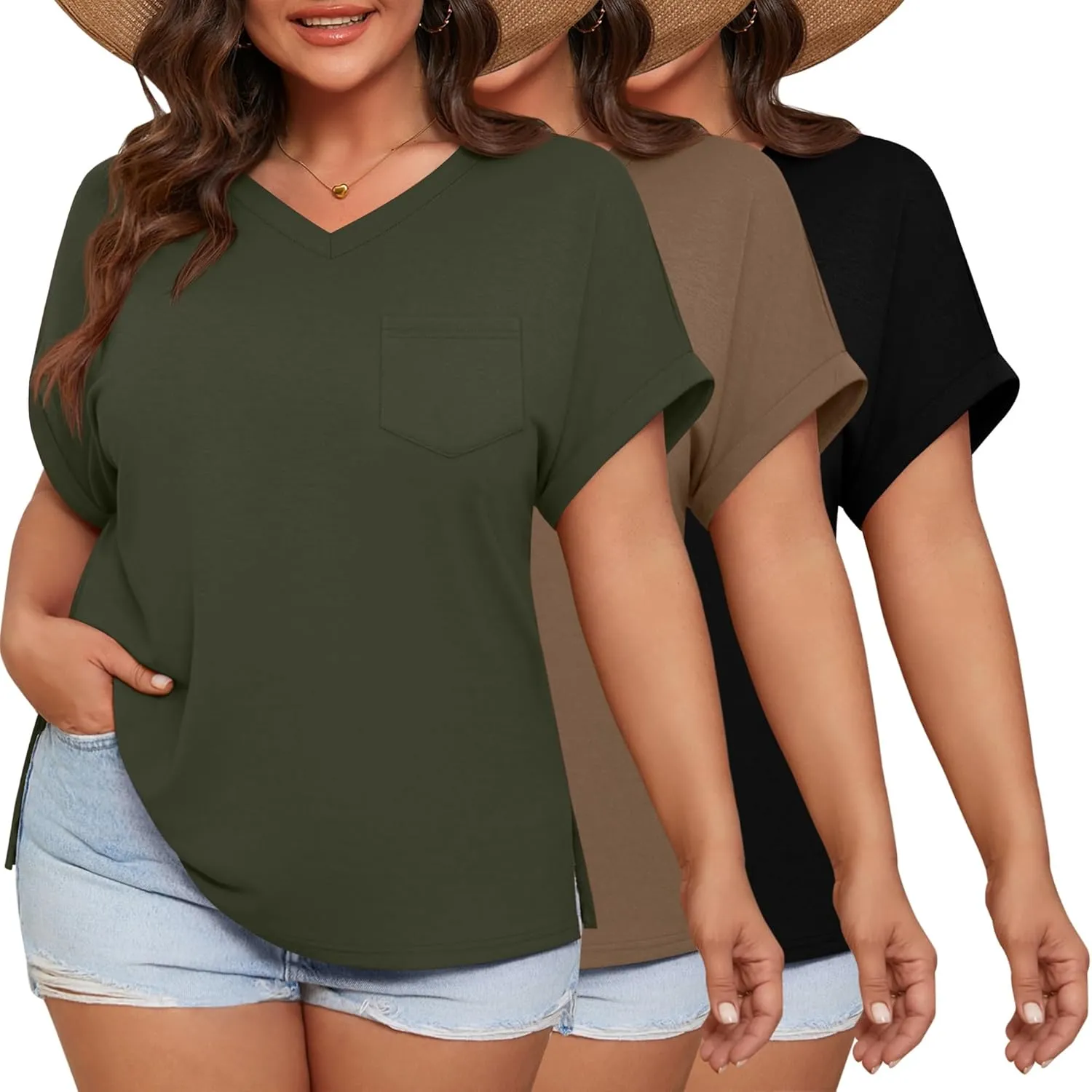 Ficerd 3 Pack Women's Plus Size T-Shirts, V Neck Short Sleeve Oversize Tunics Tops Sides Split Summer Loose Tees with Pockets