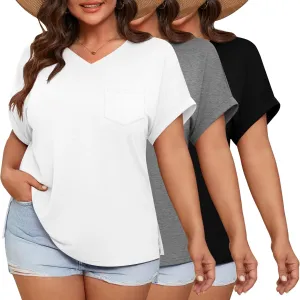 Ficerd 3 Pack Women's Plus Size T-Shirts, V Neck Short Sleeve Oversize Tunics Tops Sides Split Summer Loose Tees with Pockets