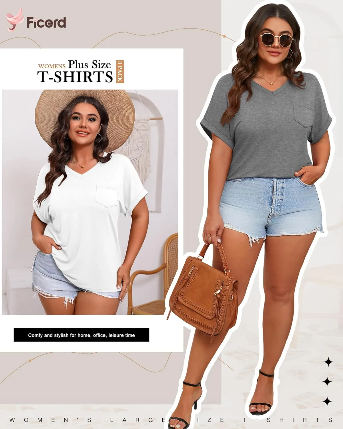 Ficerd 3 Pack Women's Plus Size T-Shirts, V Neck Short Sleeve Oversize Tunics Tops Sides Split Summer Loose Tees with Pockets