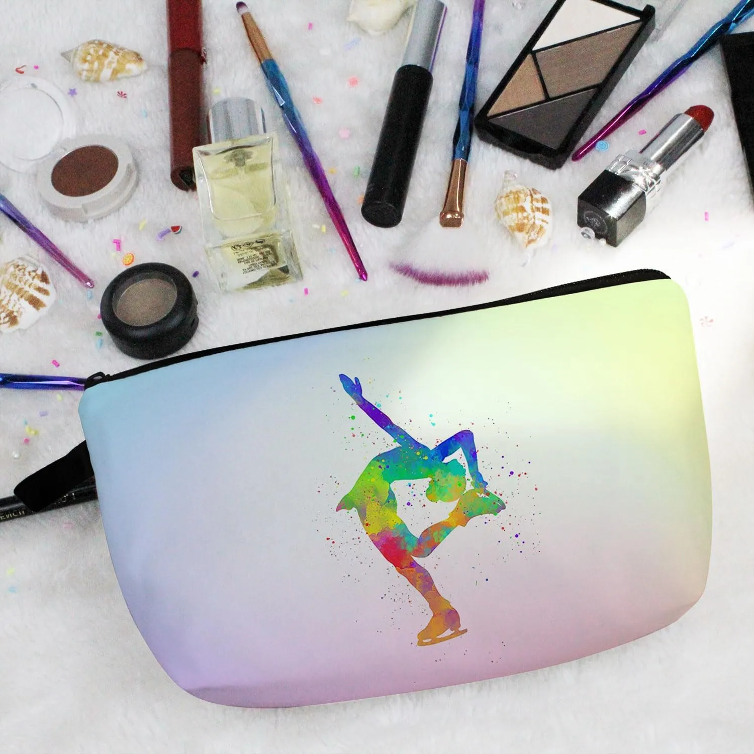 Figure Skating Makeup Bag - Cute Small Organizer Travel Toiletry Zipper Pouch - Cosmetic Bag Birthday Present for Skaters Coach Women